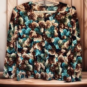 Talbots Pure Merino Wool Cardigan Sz 2XP Brown Blue Rose Button Romantic Floral